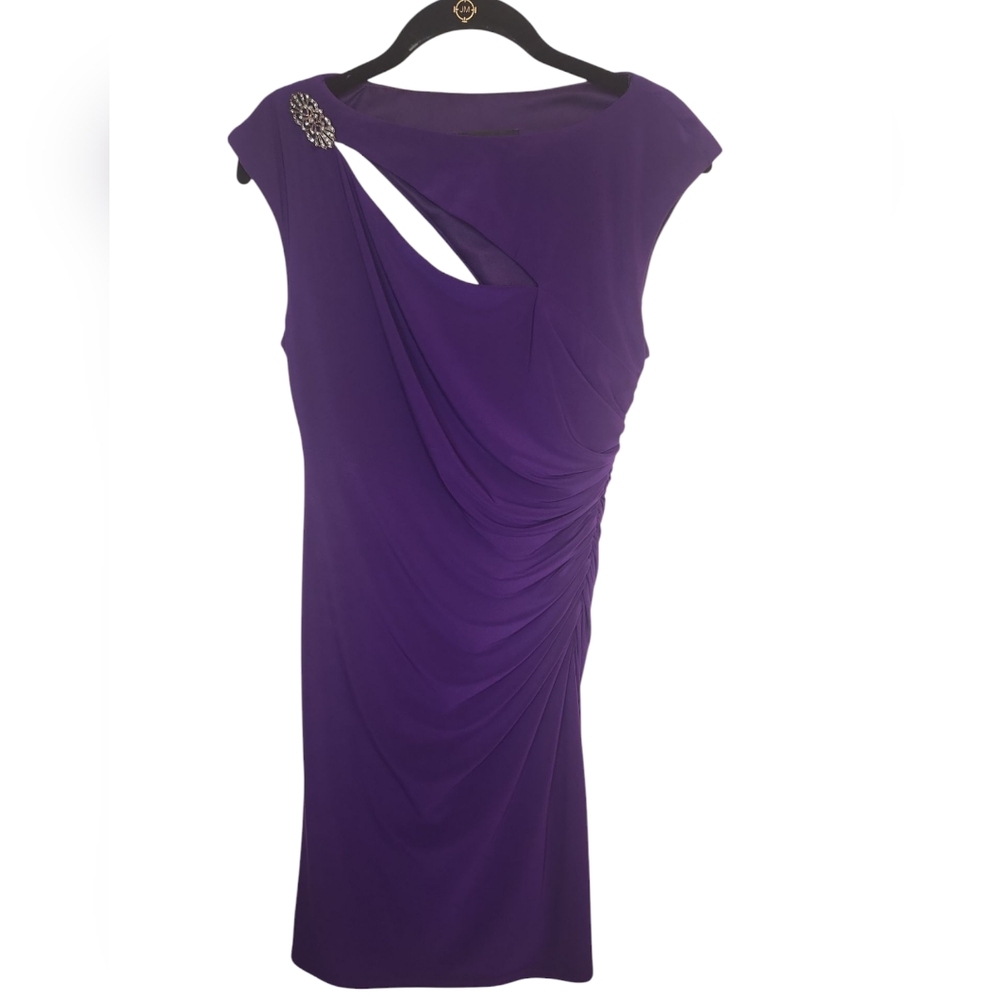 NWOT R&M Richards Women's Plum Purple Sleeveless Cut Out Ruched Dress Size 4P